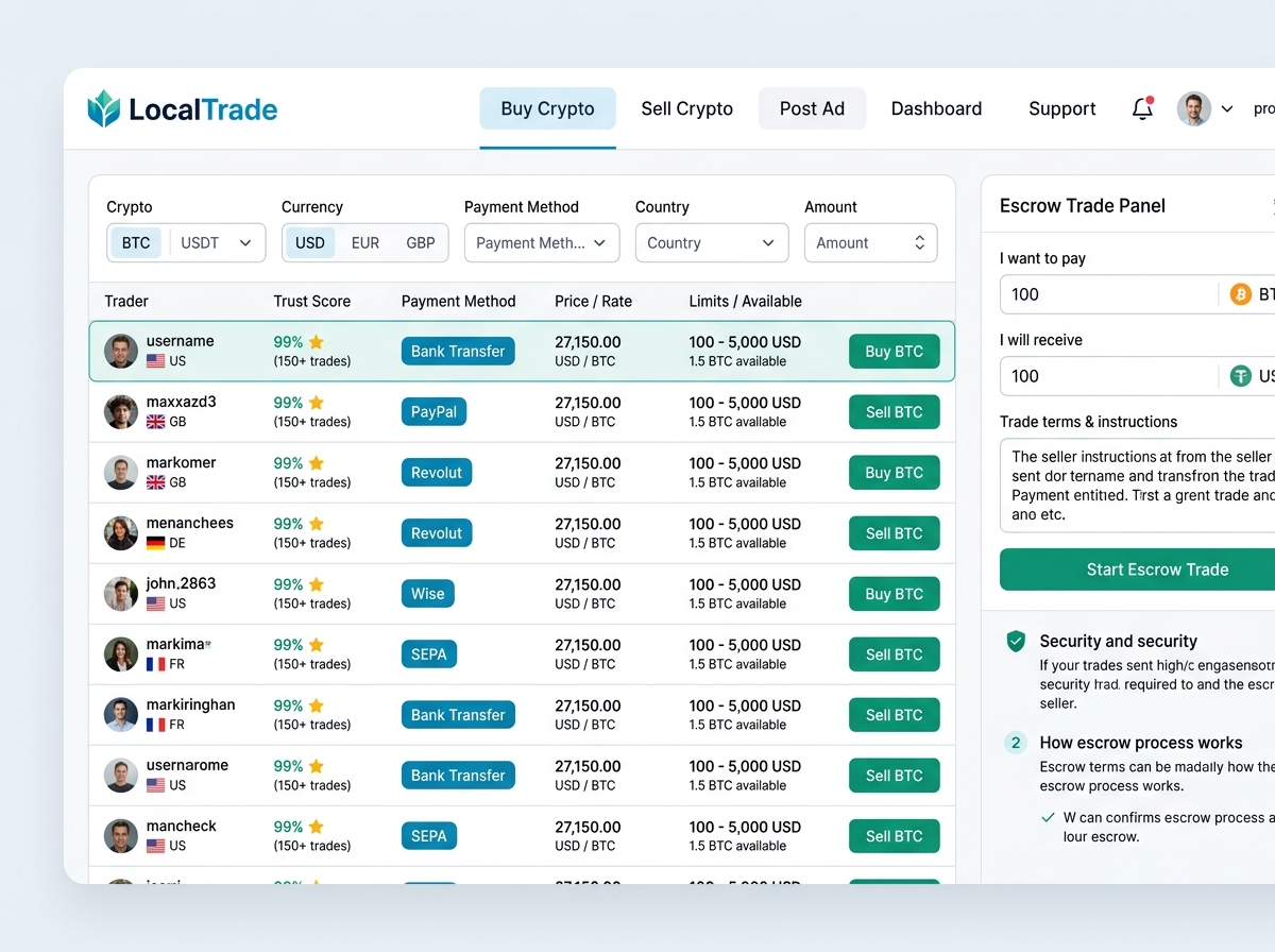 Ads-based P2P exchange with local currency advertisements and escrow panel
