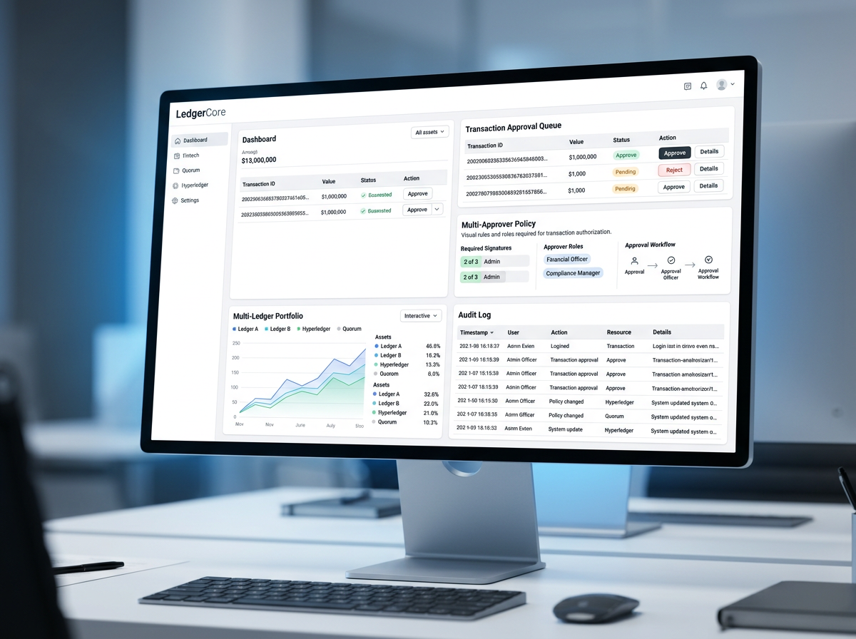 Enterprise blockchain wallet console with approval queue and multi-ledger portfolio