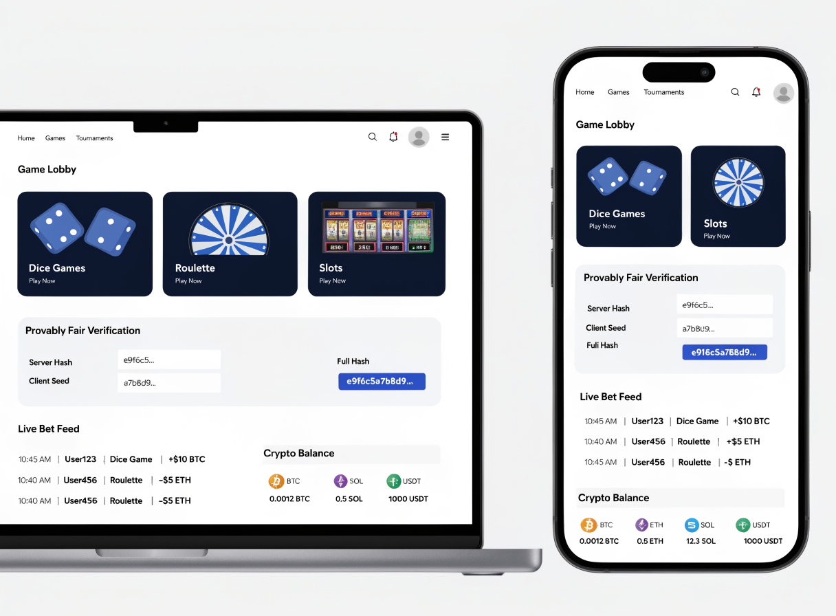 Crypto casino platform showing game lobby, provably fair verification panel and live bet feed