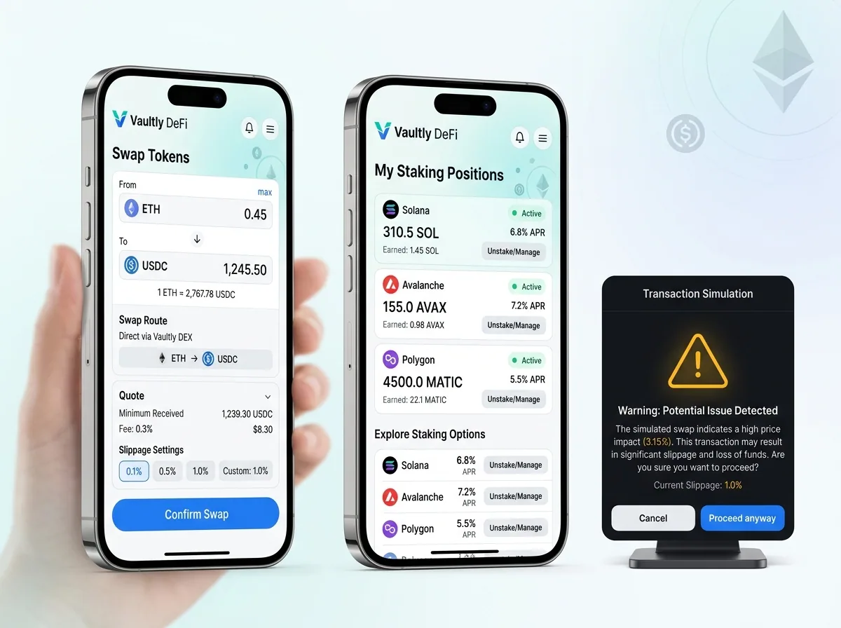 Multi-product DEX interface showing swap, yield farms, staking pools and rewards dashboard