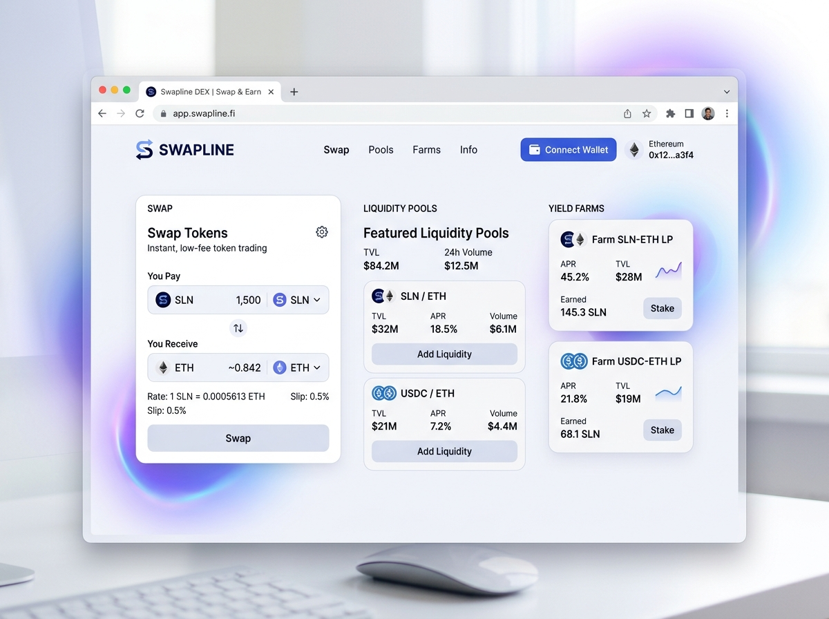 DeFi protocol interface showing liquidity pools, lending markets and staking positions with risk metrics