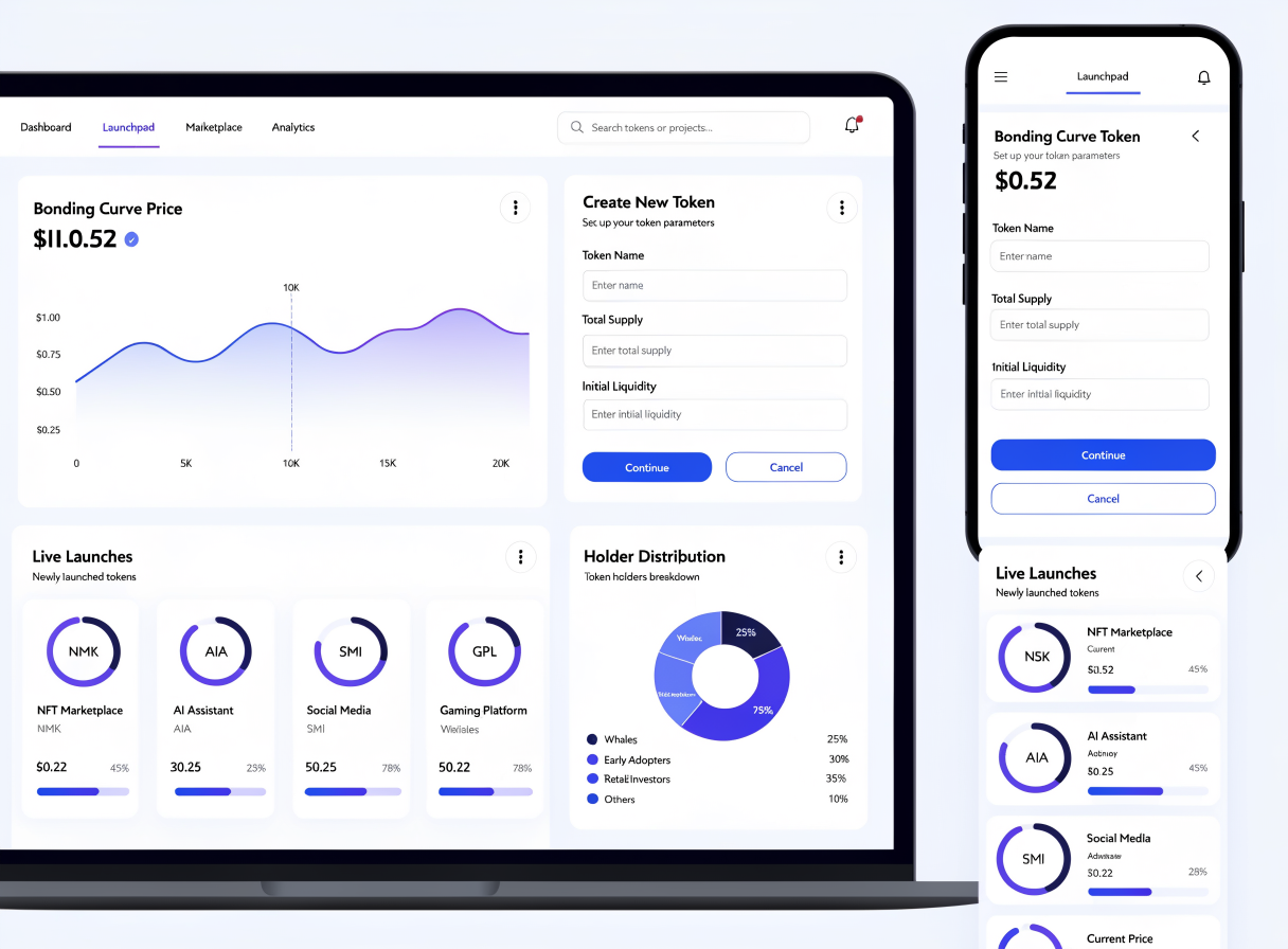 Token launchpad showing bonding curve chart, token creation form and live launch feed