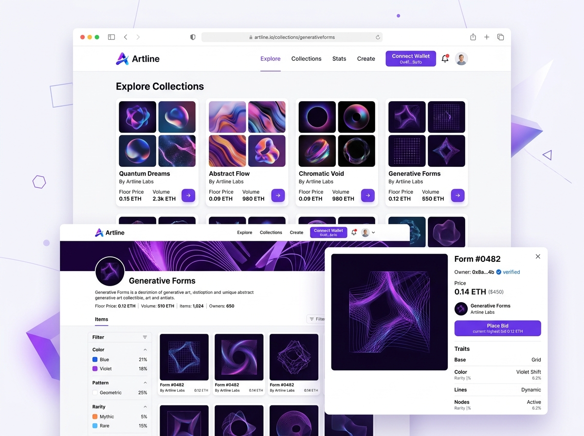 NFT marketplace concept showing collection grid and listing detail