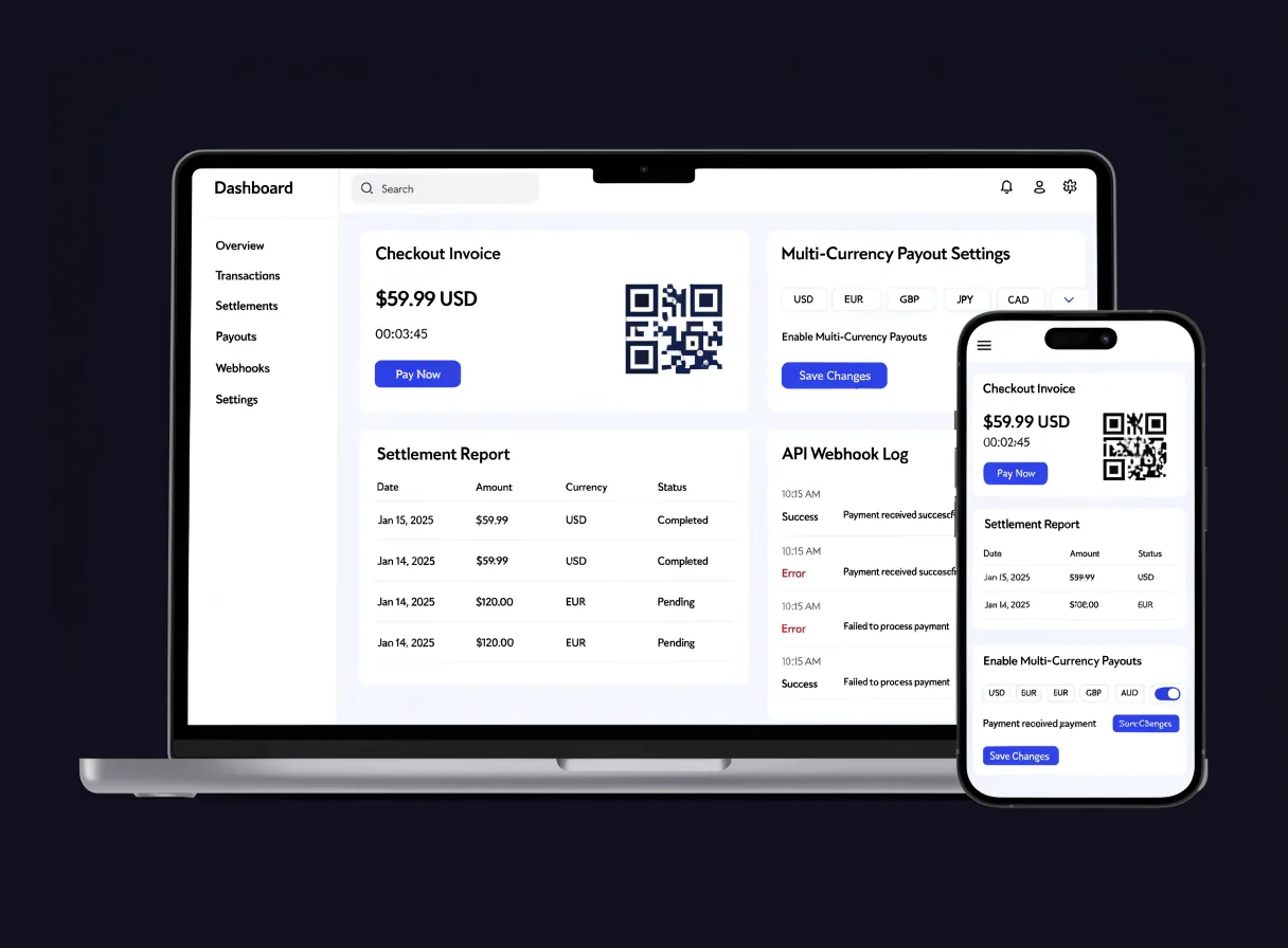 Crypto payment gateway showing checkout, settlement report and payouts