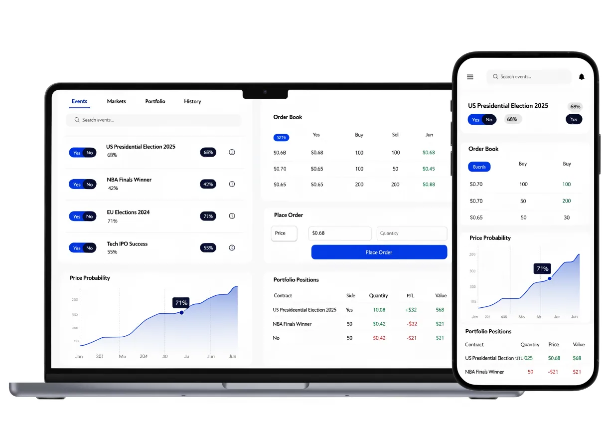 Event trading platform showing outcome markets with probability pricing, charts and positions
