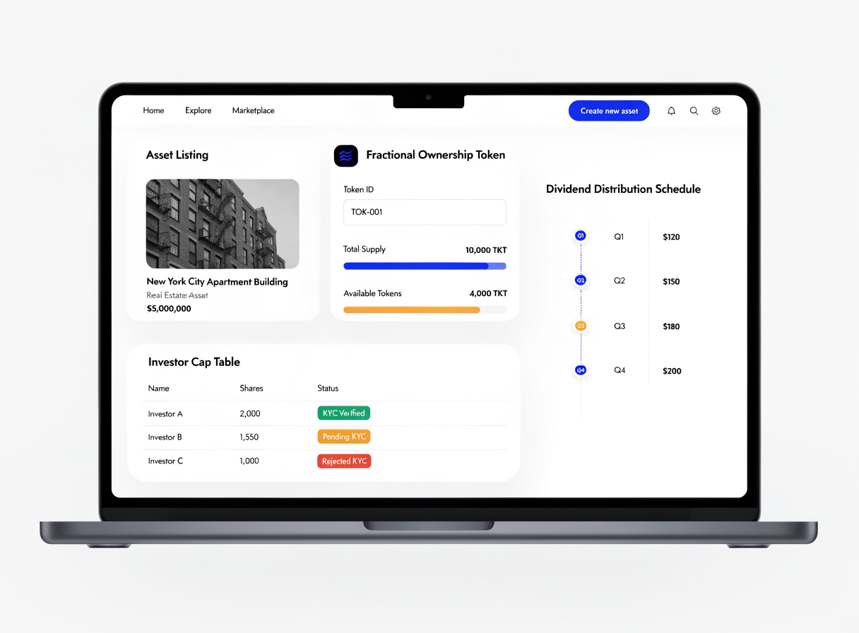 Asset tokenization platform showing asset listing, fractional ownership tokens, investor cap table and distribution schedule