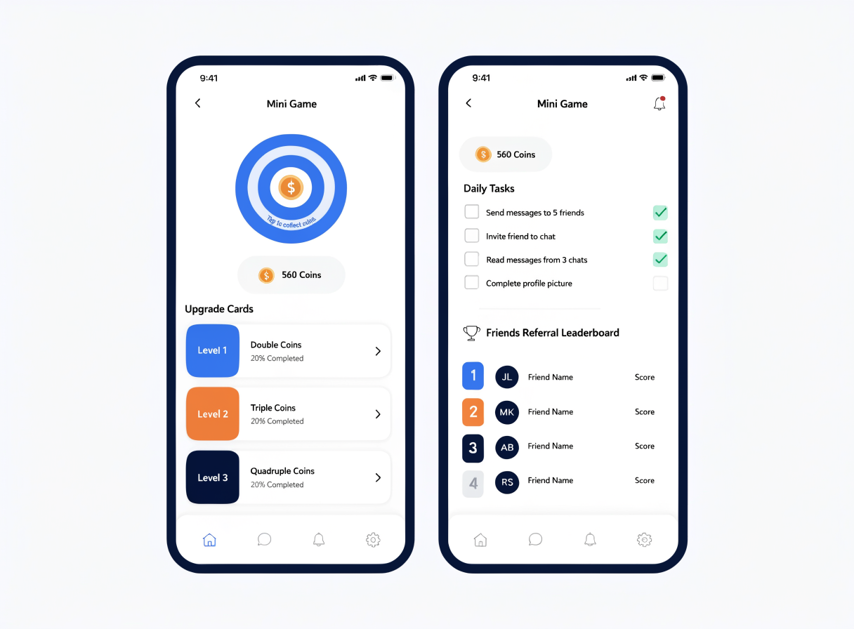 Telegram mini app tap-to-earn game showing tap counter, upgrade cards, daily tasks and referral leaderboard