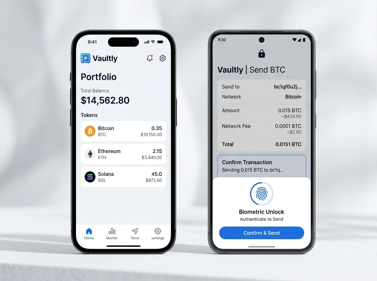 Cryptocurrency mobile app showing portfolio, transaction signing and biometric authentication