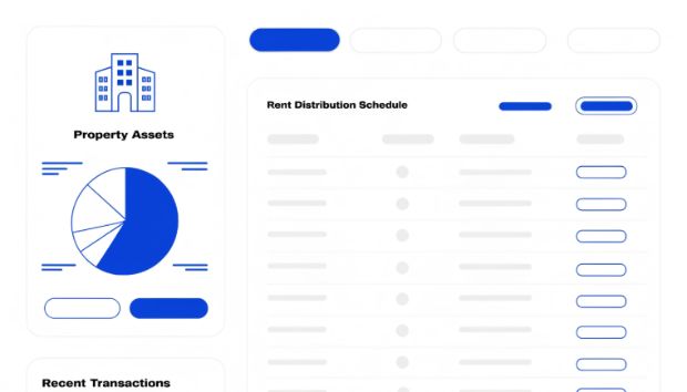 Real estate tokenization dashboard showing property asset, ownership shares and rent schedule